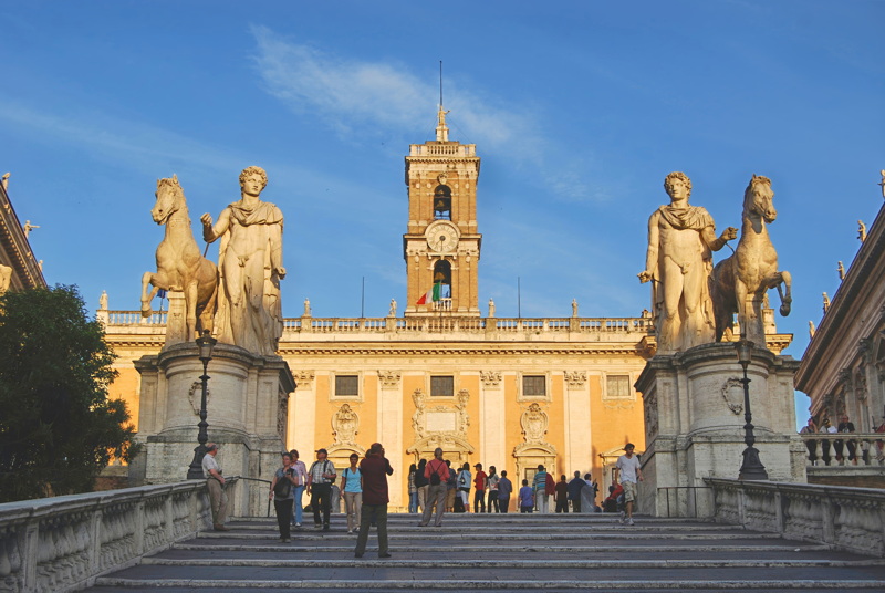 25 - The Palazzo Senatorio at the Piazza del Campidoglio on Capitoline Hill in Rome, Italy, framed by the monumental staircase known as the Cordonata